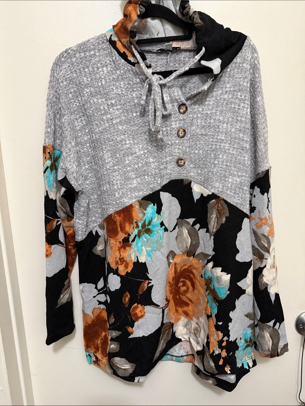 white birch Gray Waffle Knit Hoodie with Black Floral Panels